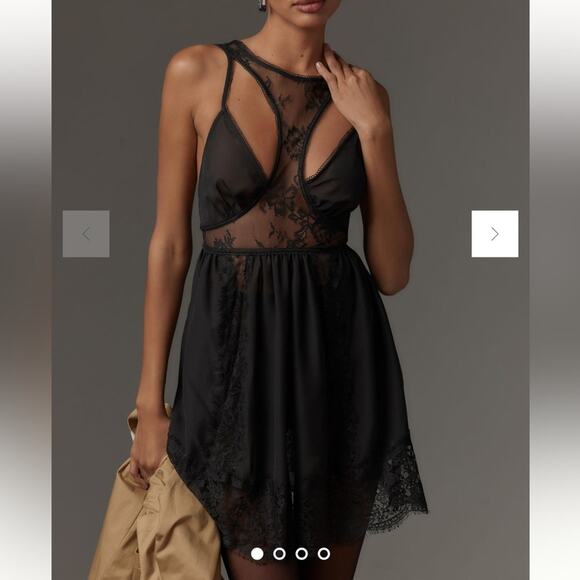 NWT By Anthropologie Black Sheer Mix Lace Halter Mini Dress Size Small